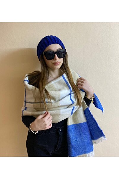 sema aksesuar Set beretă în carouri din nurcă albastră - eșarfă cu ciucuri și șal de umăr