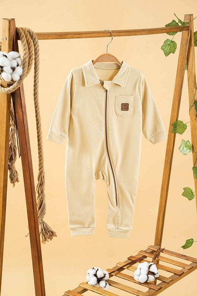 bombe Baby Girl Boy Yellow Plain Seasonal Cotton Jumpsuit with Pockets and Zipper