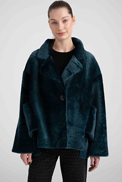 Lebeni Kadın Oversize Petrol Mavi Koyun Kürkü Ceket – Çift Yaka Peluş Tek Düğ...