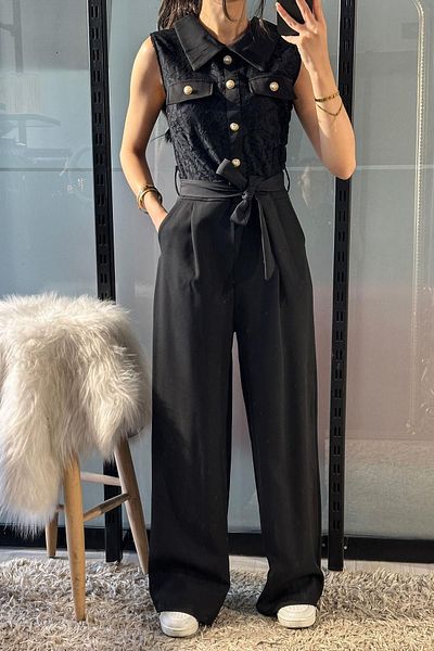 Natavanbutık Lace Detailed Buttoned Black Jumpsuit