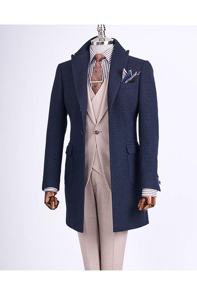 TerziAdemAltun Italian Style Slim Fit Pointed Collar Wool Blended Cashew Men's Coat Navy Blue T13442
