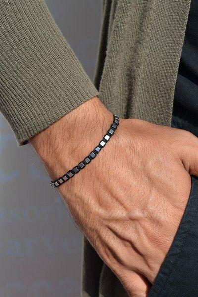 Sacce Scarves&Accessories Grey Small Square Cut Hematite Stone Adjustable Men's Bracelet
