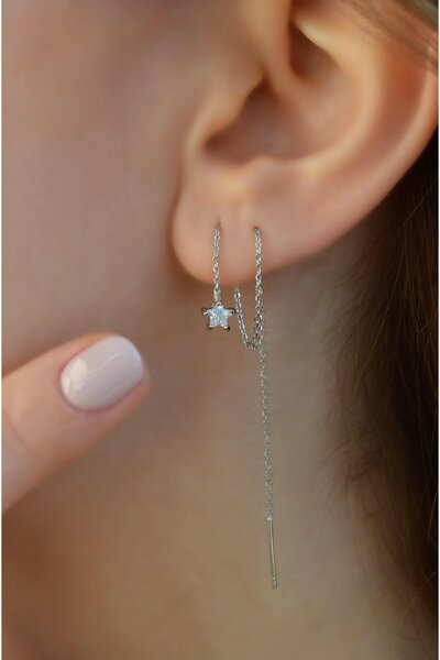 Sacce Scarves&Accessories Yıldız Taşlı Uzun Zincir Küpe Geçmeli Dolanan Zincirli Küpe