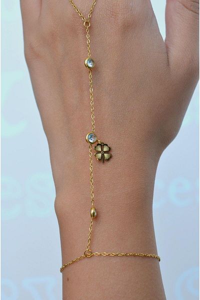 Sacce Scarves&Accessories Stoned Steel Shahmaran with Clover Detail, Gold Color