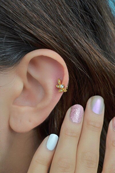 Sacce Scarves&Accessories Altın Renkli Yaprak Halka Helix Kıkırdak Piercing