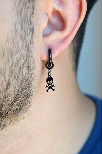 Sacce Scarves&Accessories Men's Black Steel Hoop Earrings - Skull Charm