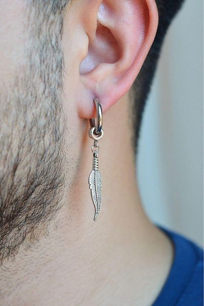 Sacce Scarves&Accessories Men's Silver Colored Leaf Charm Steel Hoop Earrings