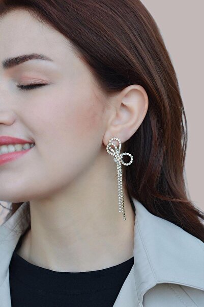 Sacce Scarves&Accessories شريط الممر المائي - أقراط على شكل فيونكة بتفاصيل حجرية