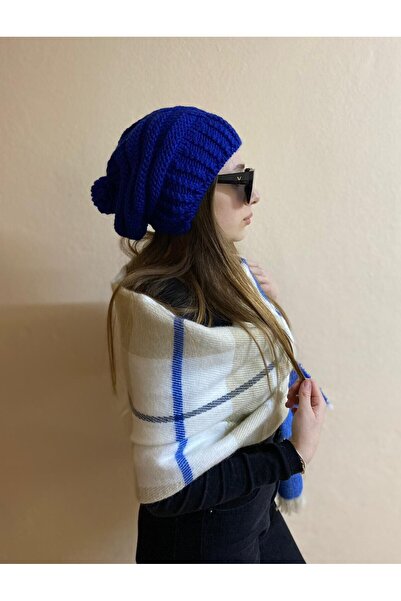 sema aksesuar Set beretă în carouri din nurcă albastră - eșarfă cu ciucuri și șal de umăr