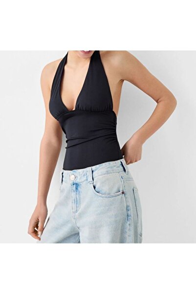 Nsb Tasarım Дамски черен боди с дълбоко деколте