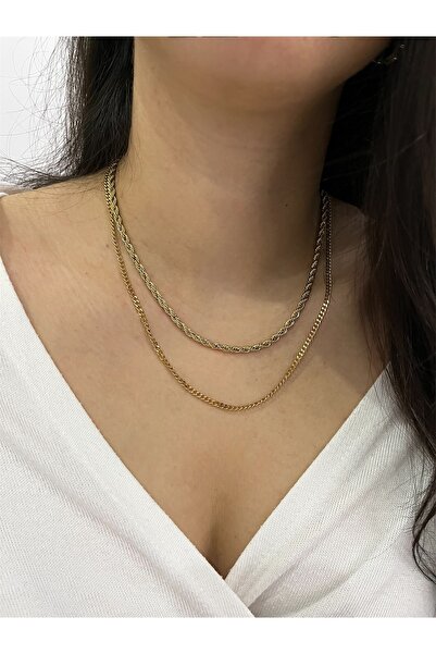 Jewelyf Burgu İki Zincirli 14K Kuyumcu Model Çelik Kolye
