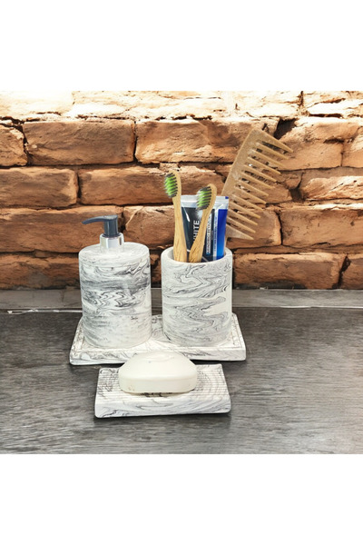 Chiko Mall Şık Mermer Dokulu Beton Banyo Aksesuar Seti (4 Parça)