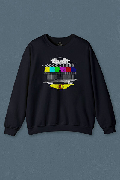 so cool سويت شيرت أزرق داكن بدون إشارة Teletex Nostalgia Tv Tele Tex مطبوع لل...