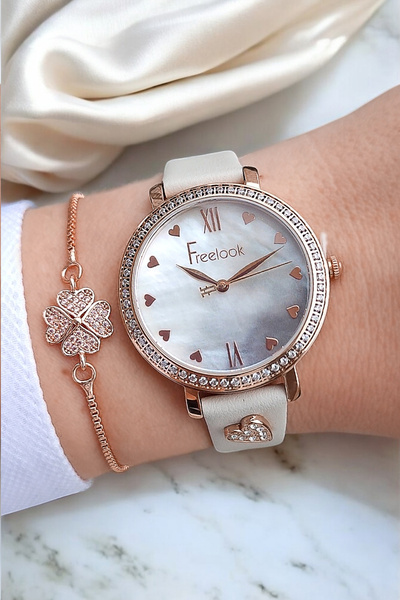 Freelook Sevgililer Gününe Özel Kalpli Model - Krem Deri Kayışlı Sedef Kadran Kadın Kol Saati + Bileklik