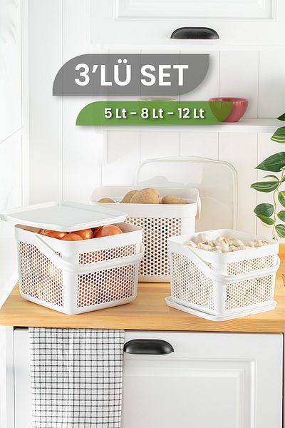 MYBOX Set of 3 Potato Onion Vegetable Storage Basket Multi-Purpose Kitchen Organizer Crisper with Lid 5-8-12Lt