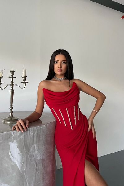 İyem Abiye Strapless Waist Stone Crepe Stylish Design Evening Dress Full Mold