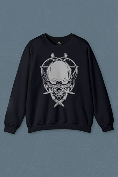 so cool سويت شيرت باللون الأزرق الداكن بتصميم جمجمة وشفرة رأس جمجمة وسكين جيب...