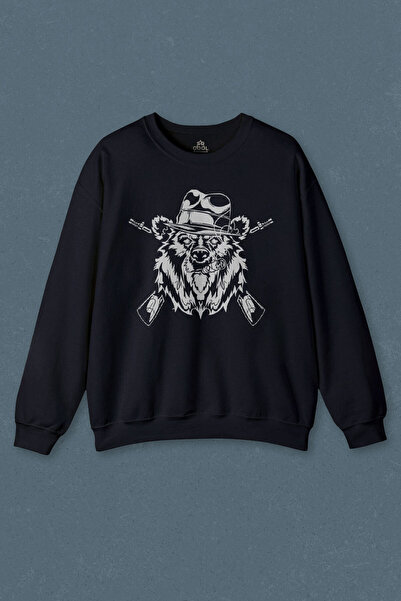 so cool Тъмносиня суитшърт в гангстерски стил с принт на мечка, носеща пушка
