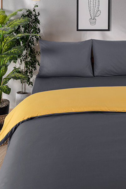 Evim 100% Cotton Akfil, 200X220 cm Anthracite Mustard Duvet Cover Set