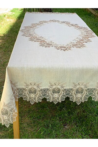 HAUSSET Fransız Dantelli Masa Örtüsü 160*220 cm Simli Cappicino Bal Köpügü Ma...