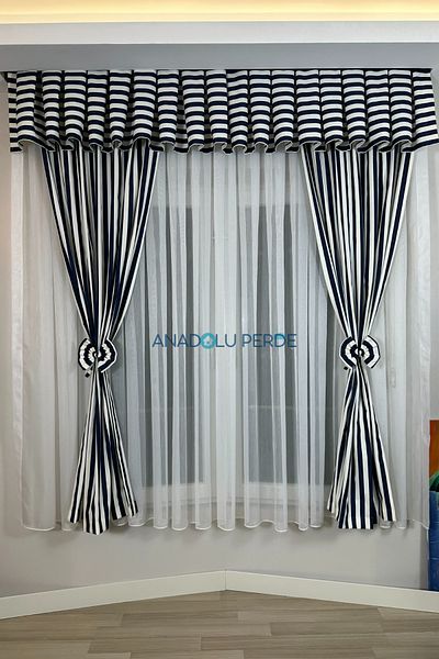 GLOMAR Modern Kitchen Curtain - 1/3 Navy Blue Stripes, Barbelled Cornice, Short Background