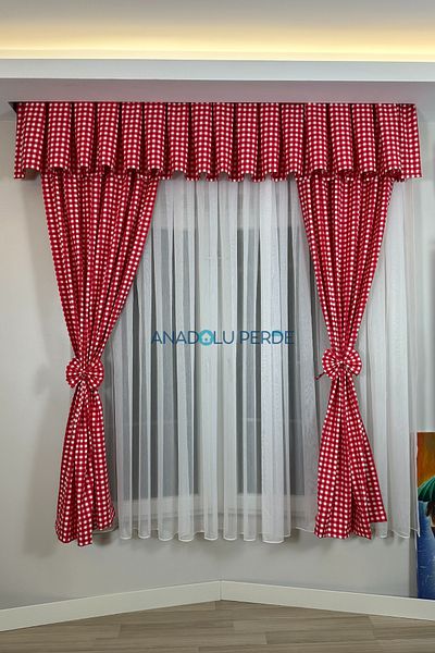 GLOMAR 1/3 Red Gingham - Close Pleat Kitchen Curtain with Farbela Cornice Short Background Curtain Modern