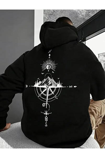 Derays سويت شيرت رجالي بغطاء للرأس كبير الحجم مطبوع عليه بوصلة من الأمام إلى ...