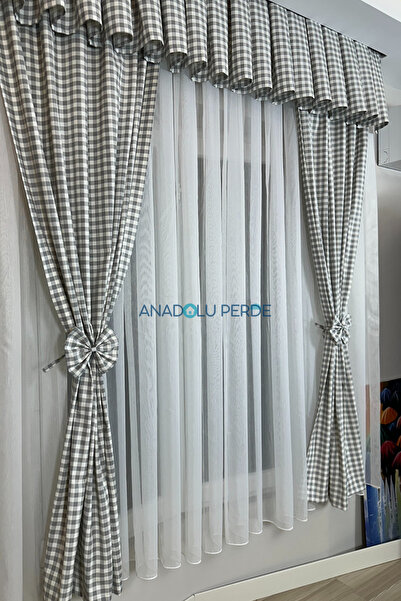 GLOMAR Mutfak Perdesi Sık Pile 1/3 Gri Pötikare Farbelalı Korniş Kısa Fon Perde Modern