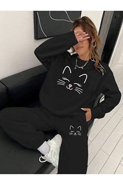 Derays Női bajuszos macska nyomott O-nyakú alsó-felső tréningruha szett