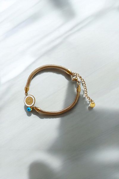 karikatürstore Premium Stainless Colorfast Steel Bracelet with Quarter Gold Evil Eye Beads