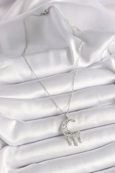 Skygo 316L Chain Necklace Silver Color with Zircon Stone and Crescent Model Dangle Leaf