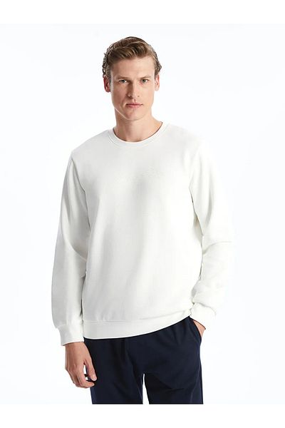 LC Waikiki Ecru Crew Neck Long Sleeve Printed Men's Thick Sweatshirt