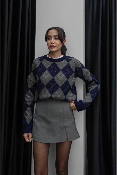 Havoş Antrasit Lacivert Haley Baklava Desenli Kazak