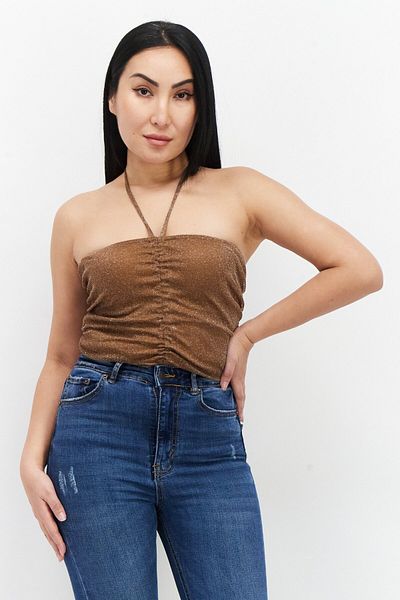 Royalty By Maluma Women Halter Neck Sleeveless Metallic Tank Top, Tan