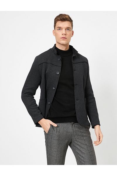 Koton Schwarze Herren-Blazerjacke mit Stehkragen und Taschen und Knöpfen