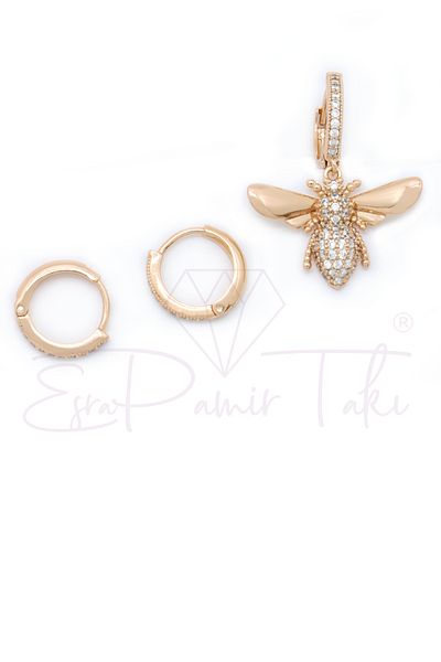 Esra Pamir Zircon Stone Rose Gold Color Bee Earring Set