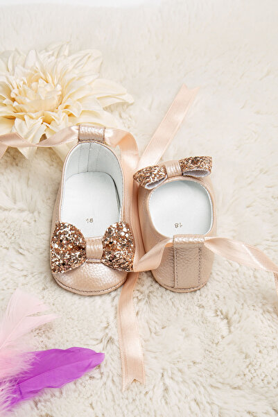 Beybium Kız Bebek Taşlı Babet Hakiki Deri Somon