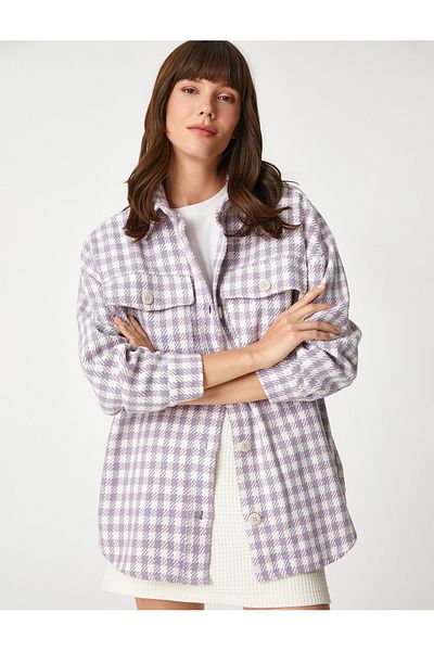 Koton Lumberjack Patterned Shirt - Long Sleeve, Pocket, Houndstooth Patterned Oversize