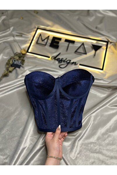 Metay Design Simli Kadife Korse Büstiyer - Lacivert