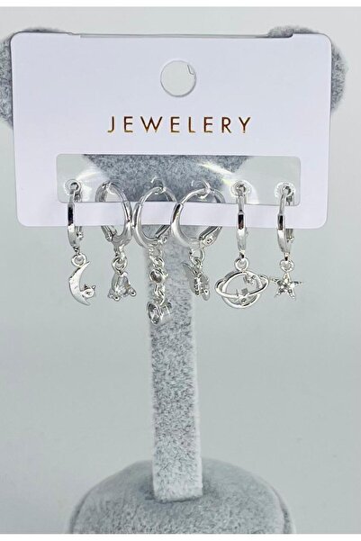 TRENDTAKI ayyıldız üçgen sallantı yuvarlak kelebek evren yıldız 6 lı rodyum kaplama kombin küpe 00180