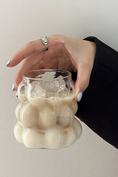 MİS KİTCHEN 4 Bead Cups - Cold, Hot Coffee Cup with Glass Straw Gift Grape Grain Cup 300 ml