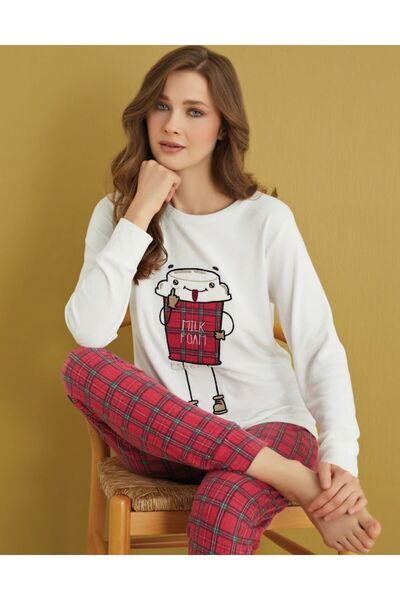 Çağrı Set de pijamale cu mânecă lungă pentru femei, 100% bumbac, țesătură termică, alb, roșu, cu model de căni