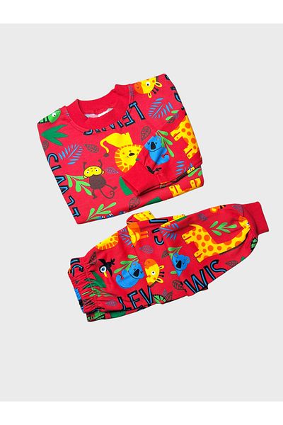 TOFU KİDS Boys' Red Cotton Raised Safari Animals Print Winter Pajamas Set