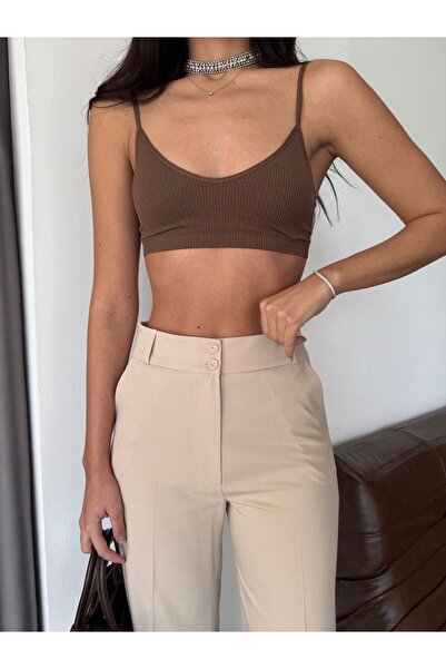 TunaBlogg بنطلون قماش بيج عالي الخصر
