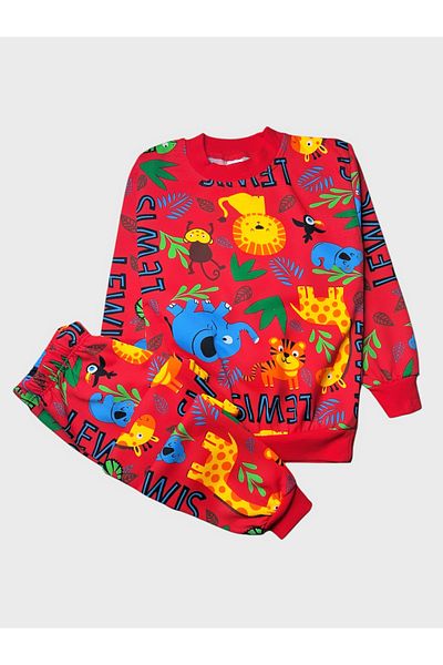 TOFU KİDS Boys' Red Cotton Raised Safari Animals Print Winter Pajamas Set