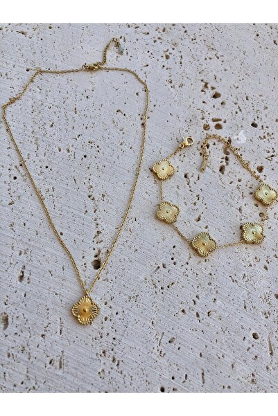 ANGELSS JEWELLERY طقم قلادة من الفولاذ المقاوم للتشويه بتفاصيل البرسيم للسيدات