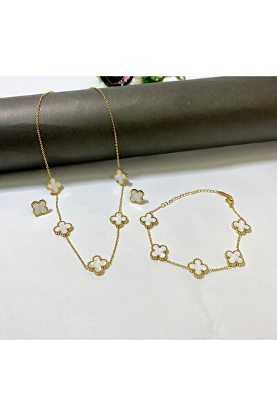 ANGELSS JEWELLERY Altın Renkli Çift Taraflı Sedef Yonca Çelik Takı Seti (Koly...