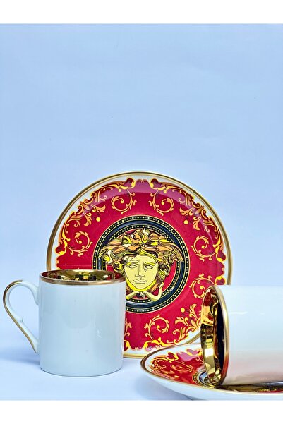 LEONARTE CASA İKİ KİŞİLİK TİTANİUM BORDO FACE DESEN KAHVE FİNCAN VE TABAĞI