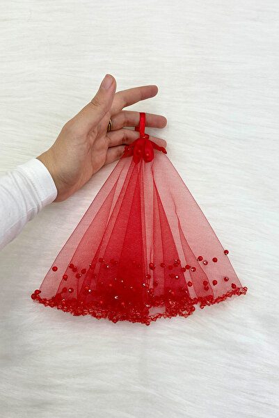 ZEYMERADE Kırmızı Gelin Damat Halay El Mendili, Kristal Boncuk Ve Incili, Düğ...