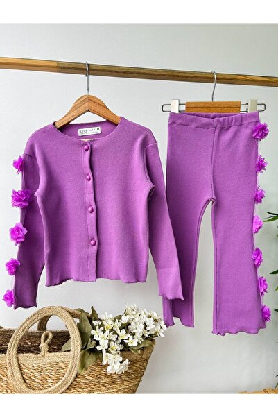 İpekzade Gül Detaylı Taytlı Mor Takım